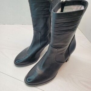 Johnston & Murphy Black Leather Mid Calf Block Heel Boots Womens 9M Smart Casual